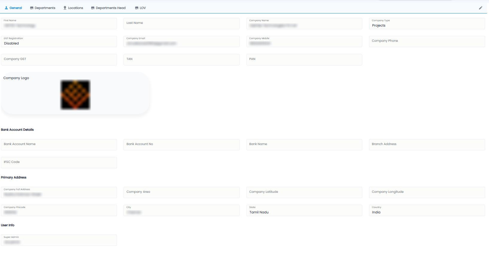 Company Info General tab with company, bank account, primary address, and user details (values hidden)