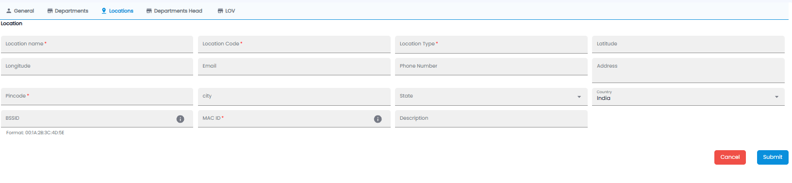 New Location form with name, code, type, latitude, longitude, email, phone, address, pincode, city, state, country, BSSID, MAC ID, and description