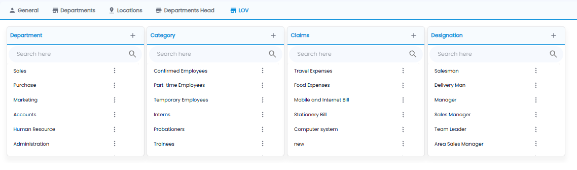 LOV tab with lists for department, category, claims, and designation