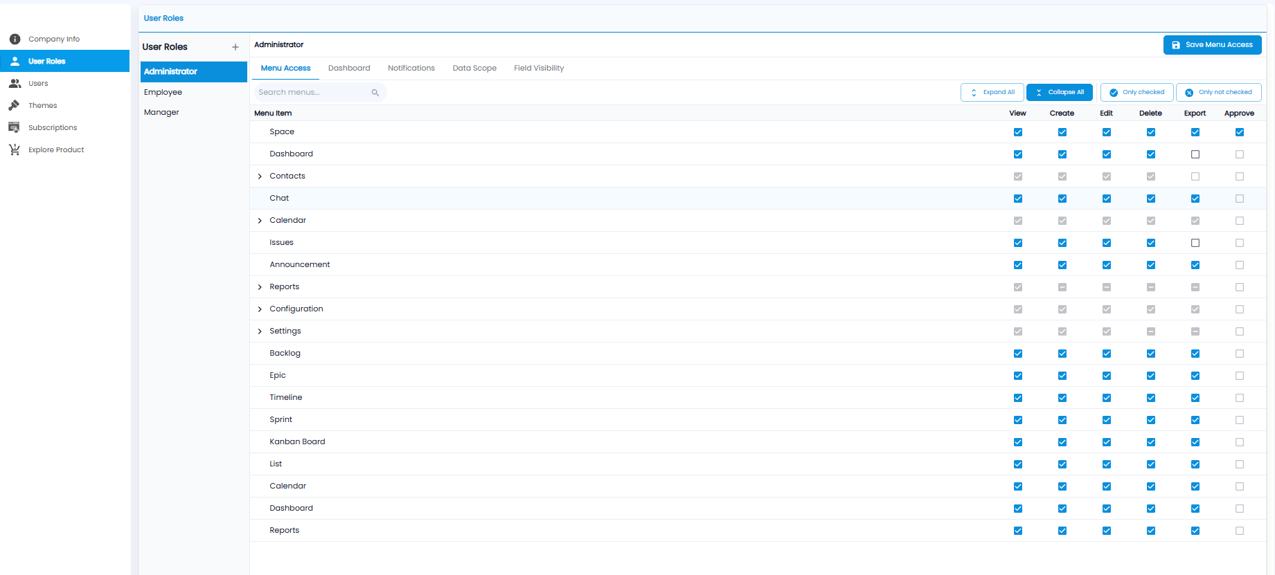 Menu Access tab with each menu and tick boxes for view, create, edit, delete, export, and approve