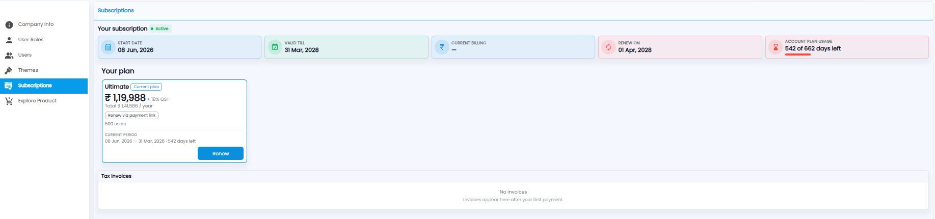 Subscriptions page with start date, valid till, current billing, renew on, and plan usage, the current plan card, and tax invoices