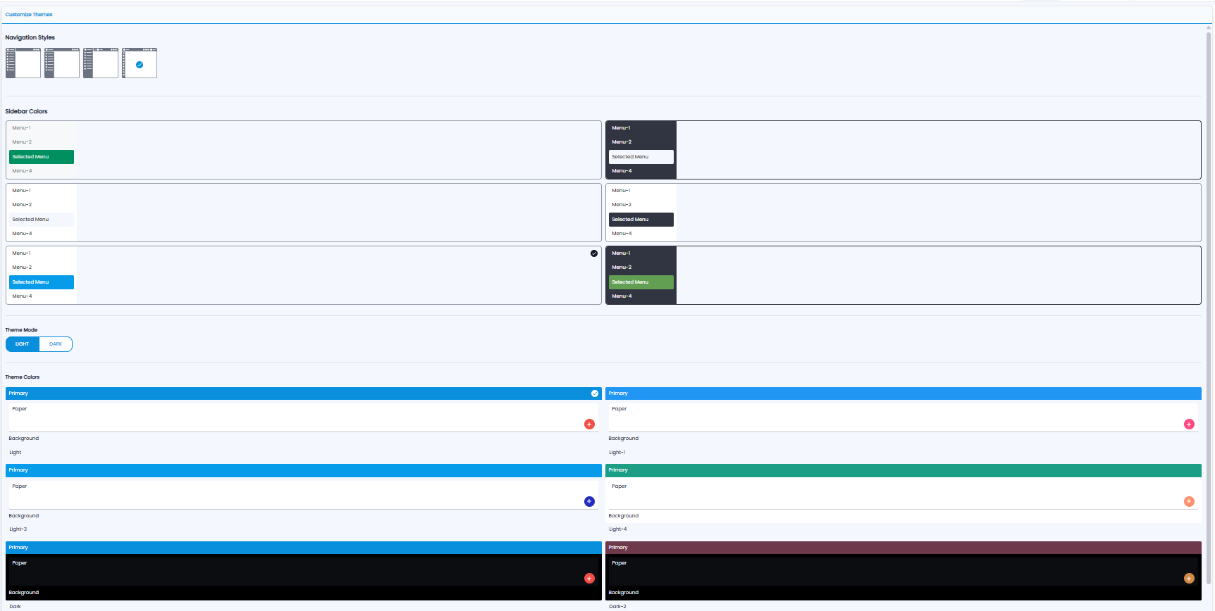 Customize Themes with navigation styles, sidebar colours, light and dark mode, and theme colours