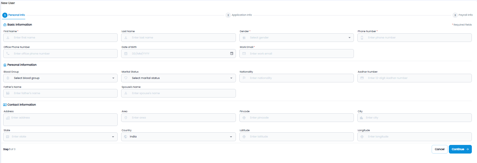 New User form, step 1 Personal Info, with basic, personal, and contact information