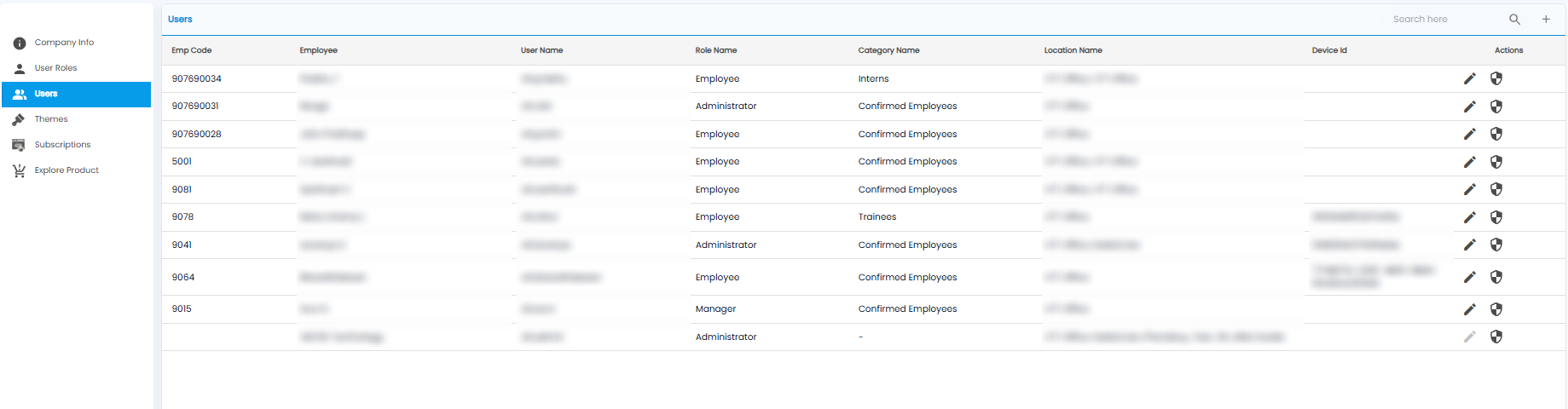 Users list with employee code, employee, user name, role, category, location, device id, and actions (names hidden)