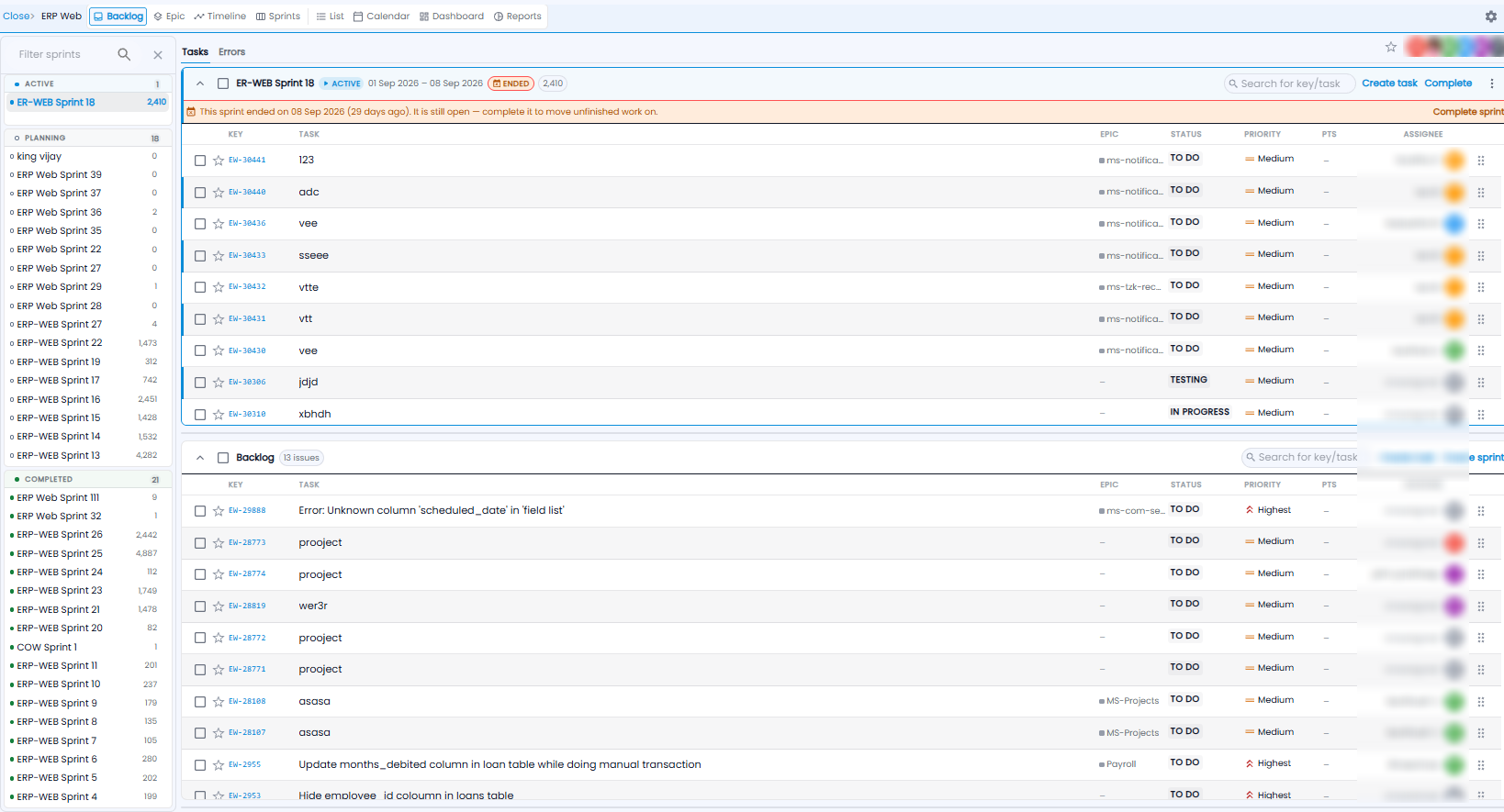 Backlog tab with the sprint list on the left, the active sprint with its tasks, and the backlog below it