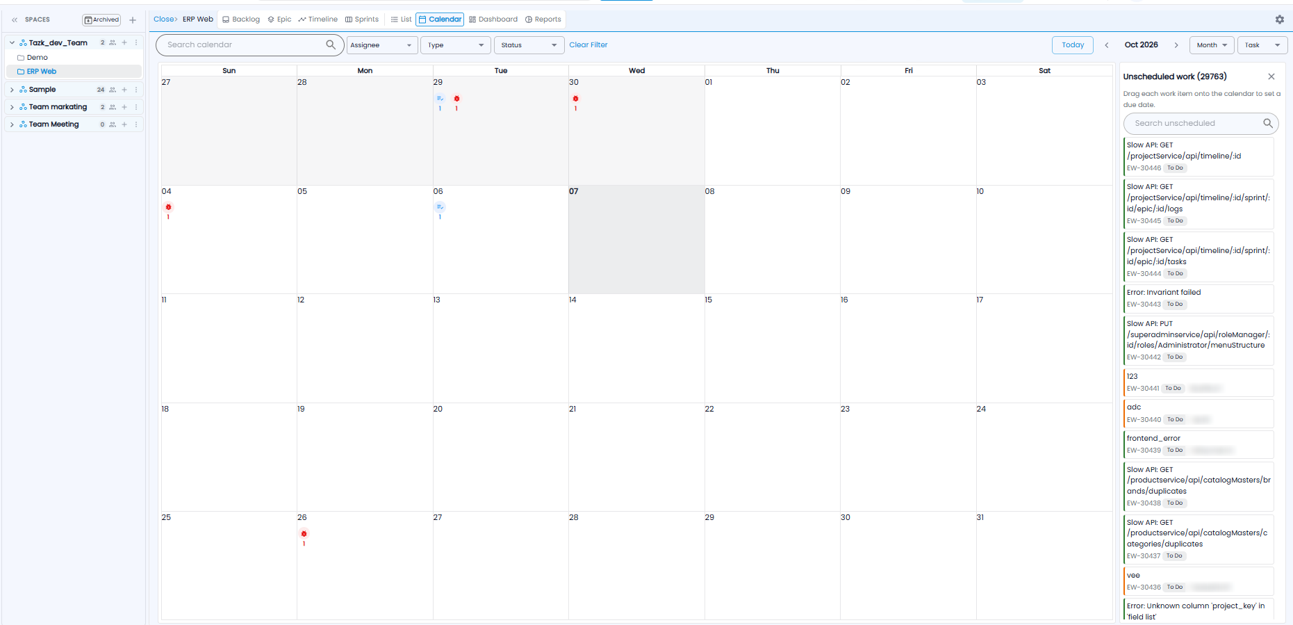 Project calendar for October with markers on days, and an Unscheduled work panel on the right