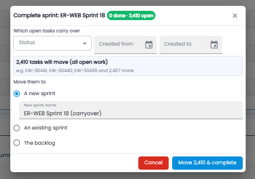 Complete sprint dialog choosing which open tasks carry over and where they move to