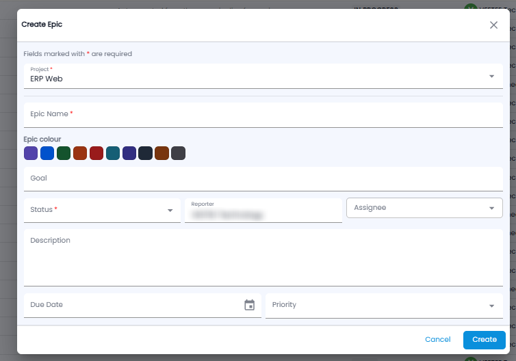 Create Epic dialog with project, epic name, colour, goal, status, reporter, assignee, description, due date, and priority