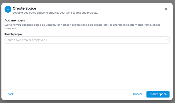 Create Space step 3 with a search box to add members
