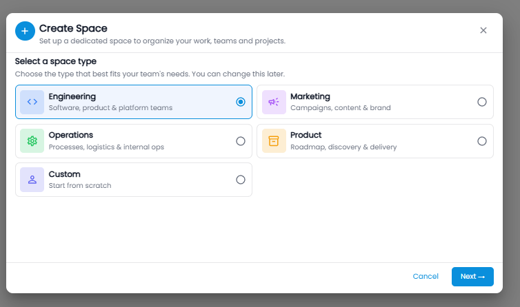 Create Space step 1 with the space types Engineering, Marketing, Operations, Product, and Custom