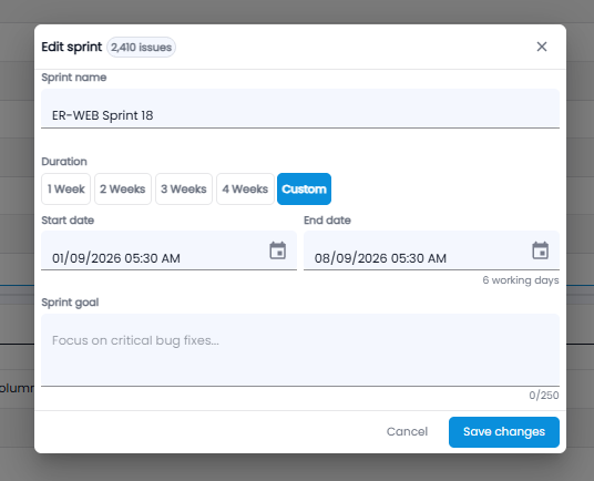Edit sprint dialog with sprint name, duration, start and end dates, and sprint goal