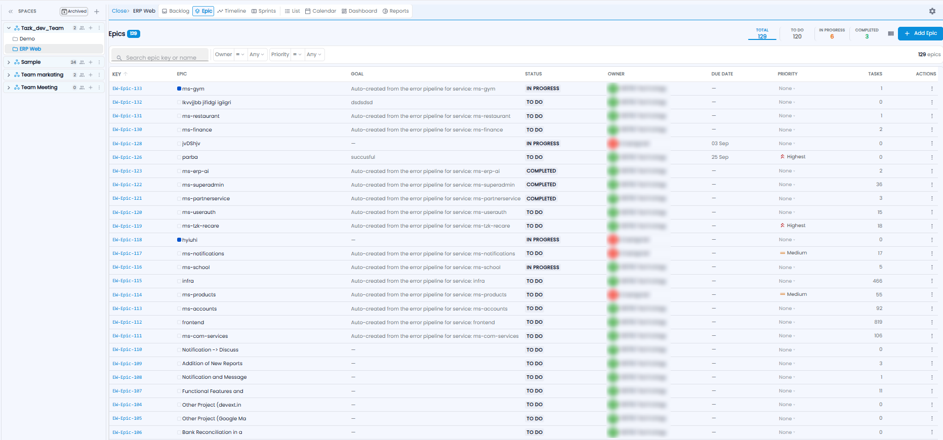Epic tab with total, to do, in progress, and completed counts, filters, and the list of epics