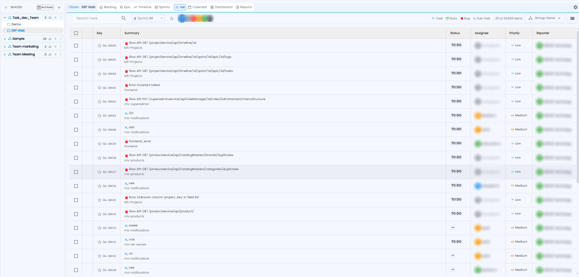 List tab with search, sprint and people filters, type filters, and the table of work items