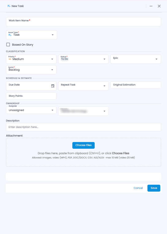 New Task form with work item name, issue type, classification, schedule and estimate, ownership, description, and attachments