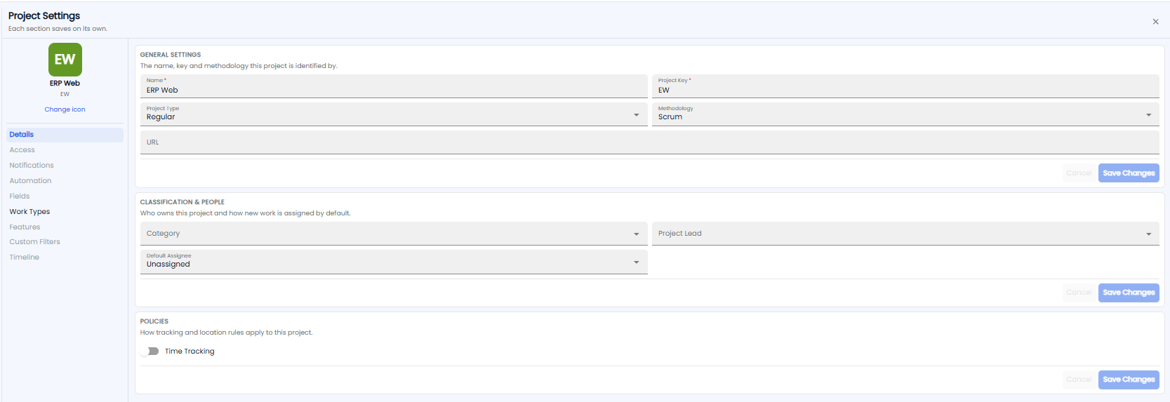 Project Settings on the Details section with general settings, classification and people, and policies