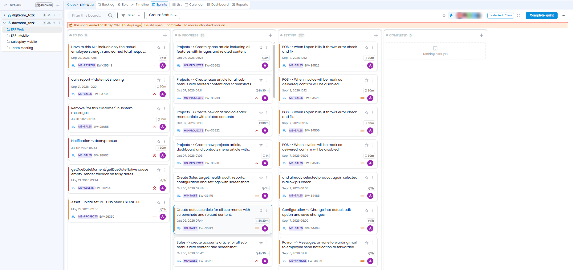 Sprints tab showing a board with To Do, In Progress, Testing, and Completed columns of task cards