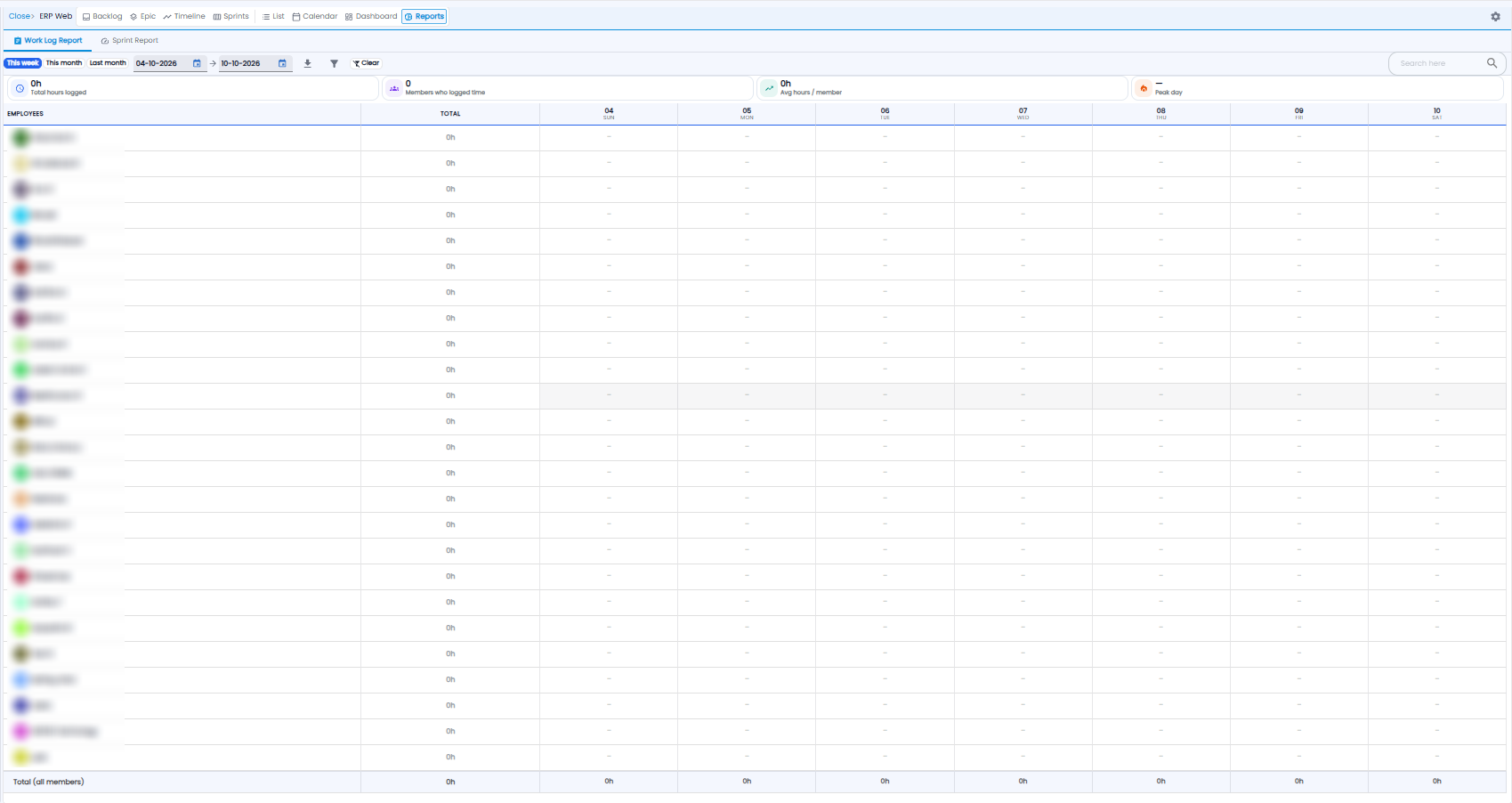 Work Log Report with period buttons, date range, summary tiles, and a table of employees and hours logged per day