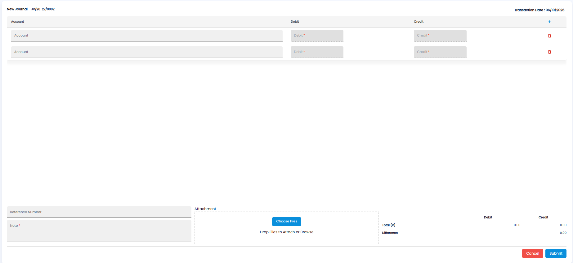 New Journal form with account, debit, and credit rows, reference number, note, attachment, and debit and credit totals with the difference