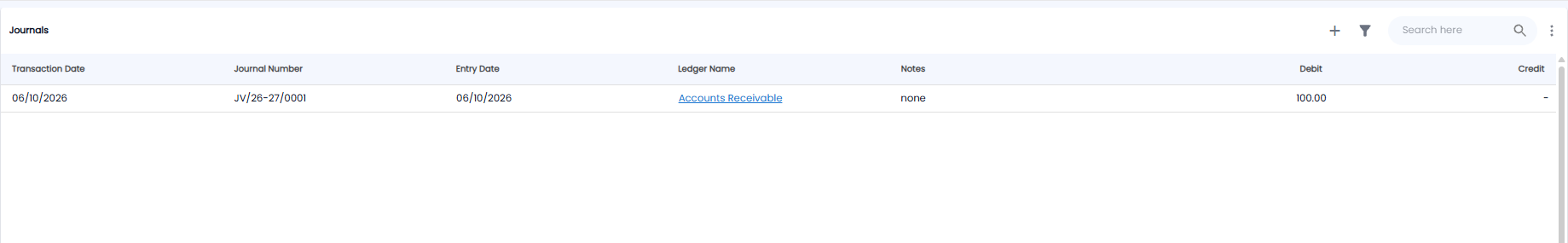 Journals list with transaction date, journal number, entry date, ledger name, notes, debit, and credit