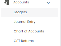 Accounts menu expanded in the sidebar, showing Ledgers, Journal Entry, Chart of Accounts, and GST Returns