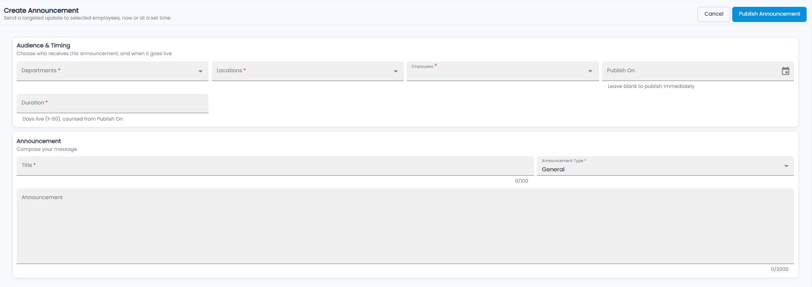 Create Announcement form with departments, locations, employees, publish on, duration, title, announcement type, and the announcement message