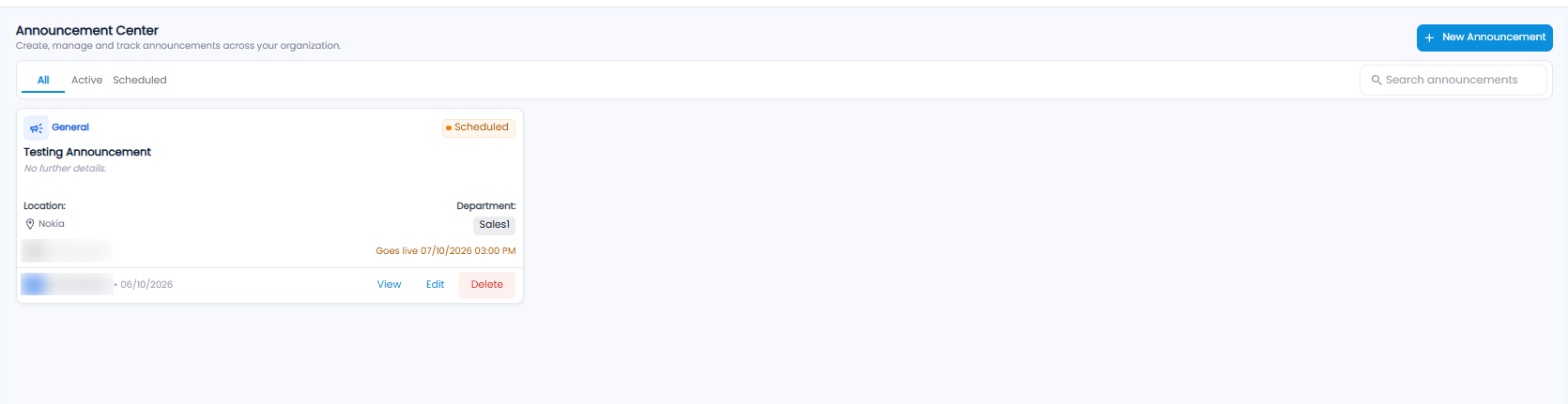 Announcement Center with All, Active, and Scheduled tabs, a search box, a New Announcement button, and an announcement card with type, status, title, location, department, go-live time, and View, Edit, and Delete