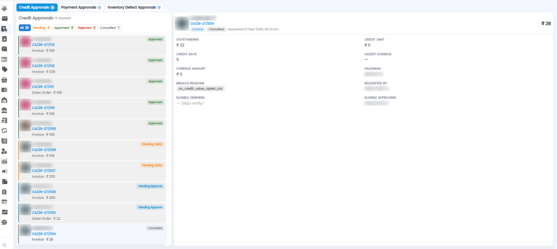 Approvals page on the Credit Approvals tab, with the list of credit approval requests on the left and the details of the selected request on the right