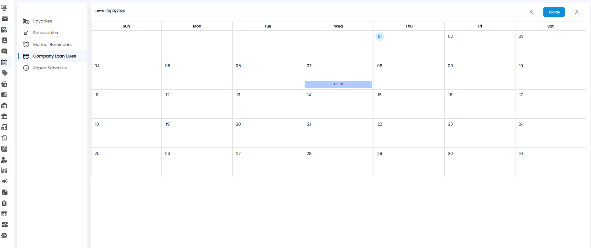 Calendar on the Company Loan Dues view for October 2026, with loan CL-01 due on the 7th