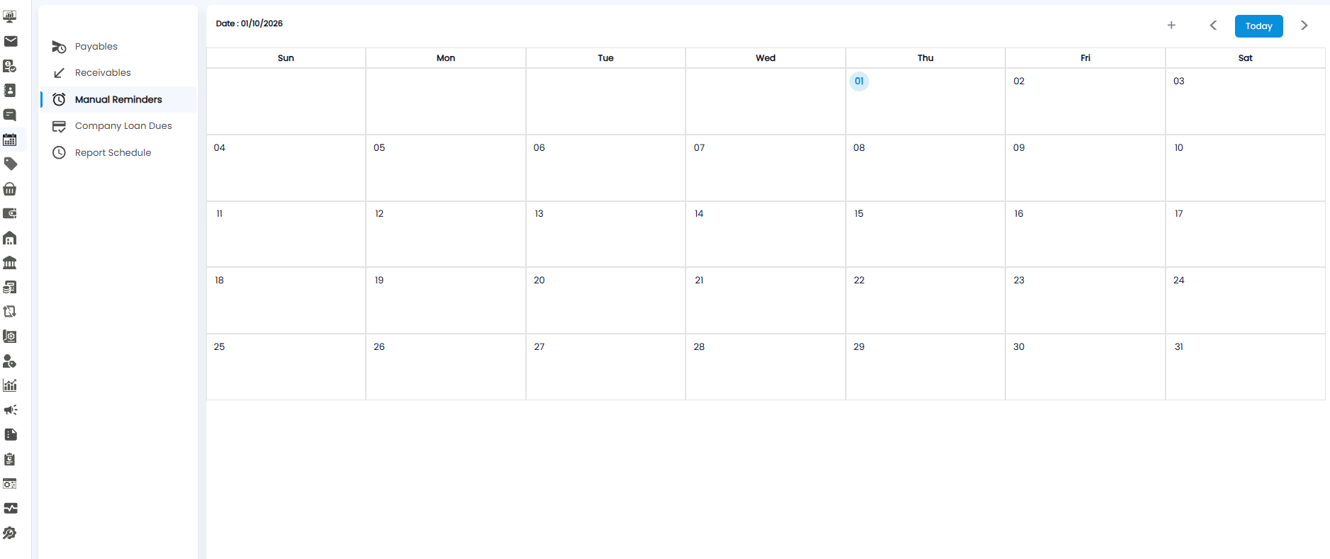 Calendar on the Manual Reminders view for October 2026, with the + button at the top right