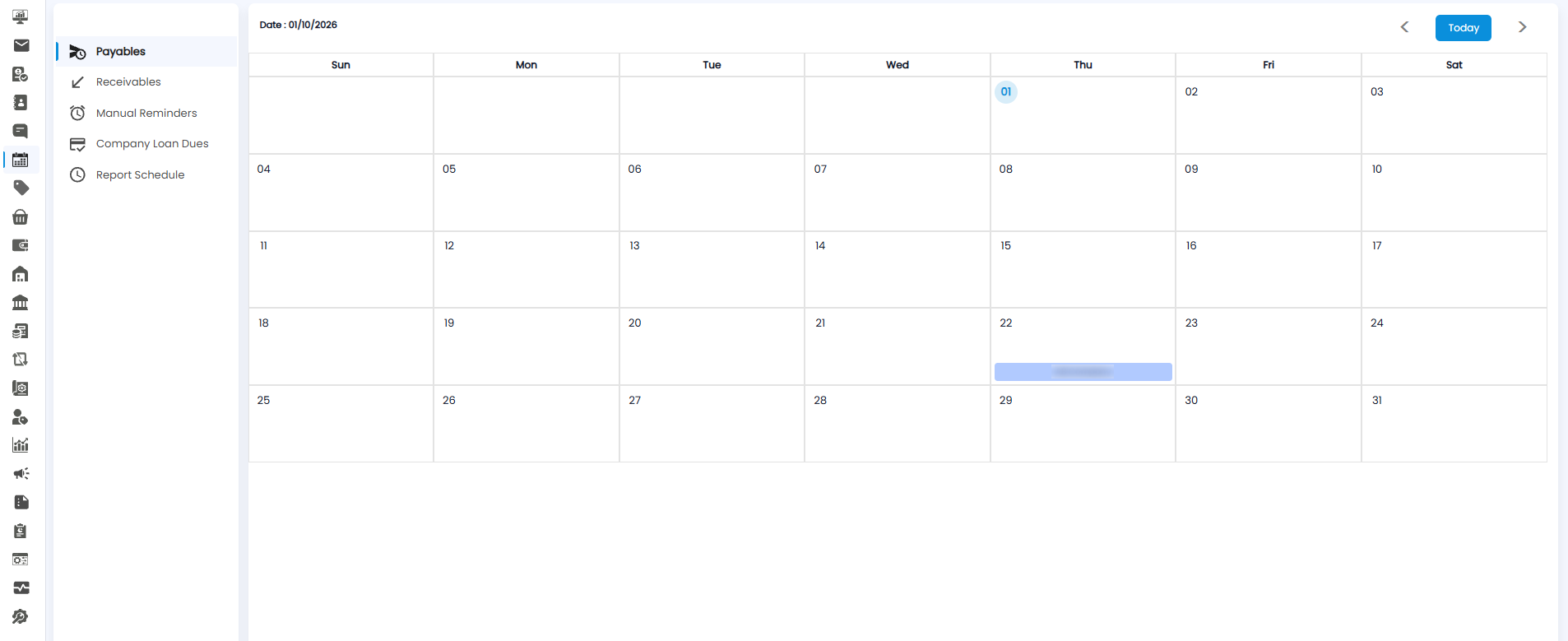 Calendar on the Payables view for October 2026, with a payment due to AB Company on the 22nd