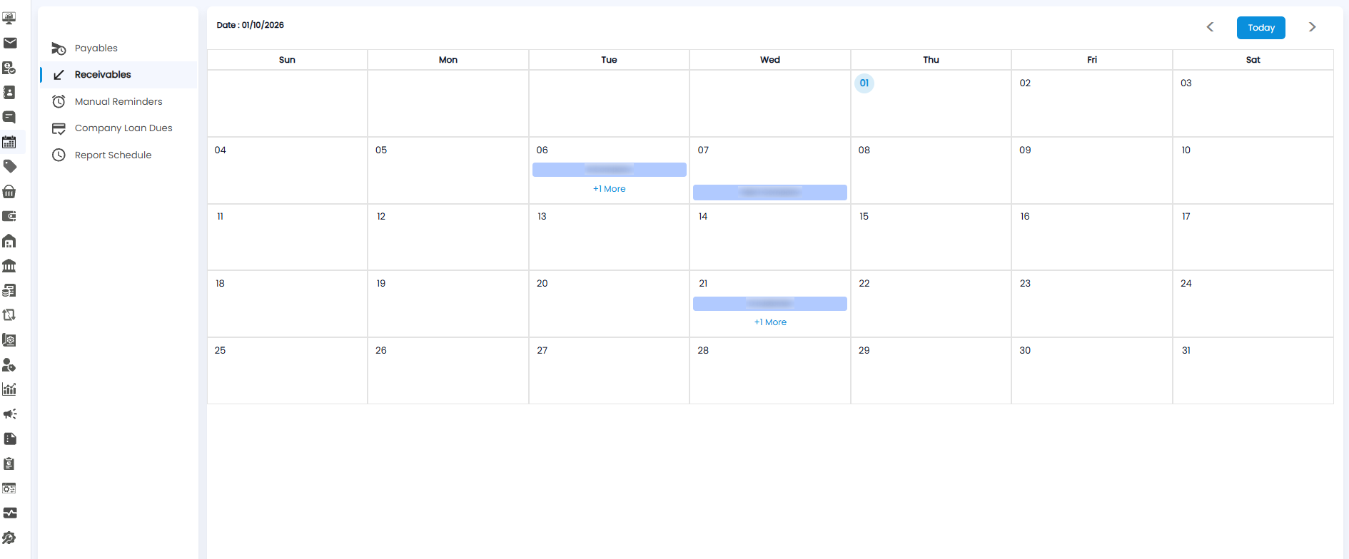 Calendar on the Receivables view for October 2026, with payments due from B Company, Test 1 Company, and D customer