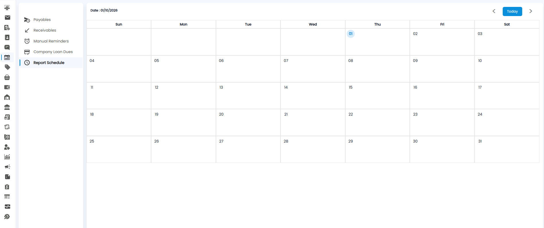 Calendar on the Report Schedule view for October 2026