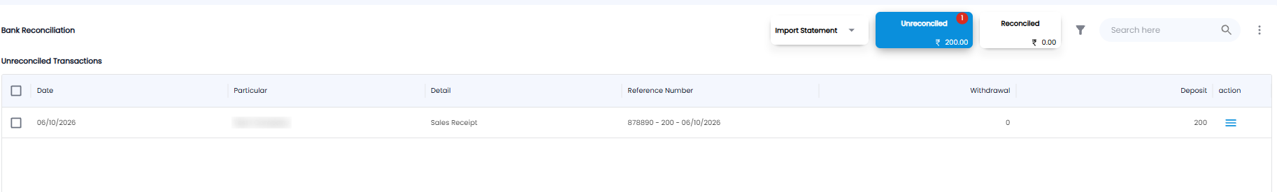 Bank Reconciliation page with Import Statement, Unreconciled and Reconciled totals, and a list of unreconciled transactions