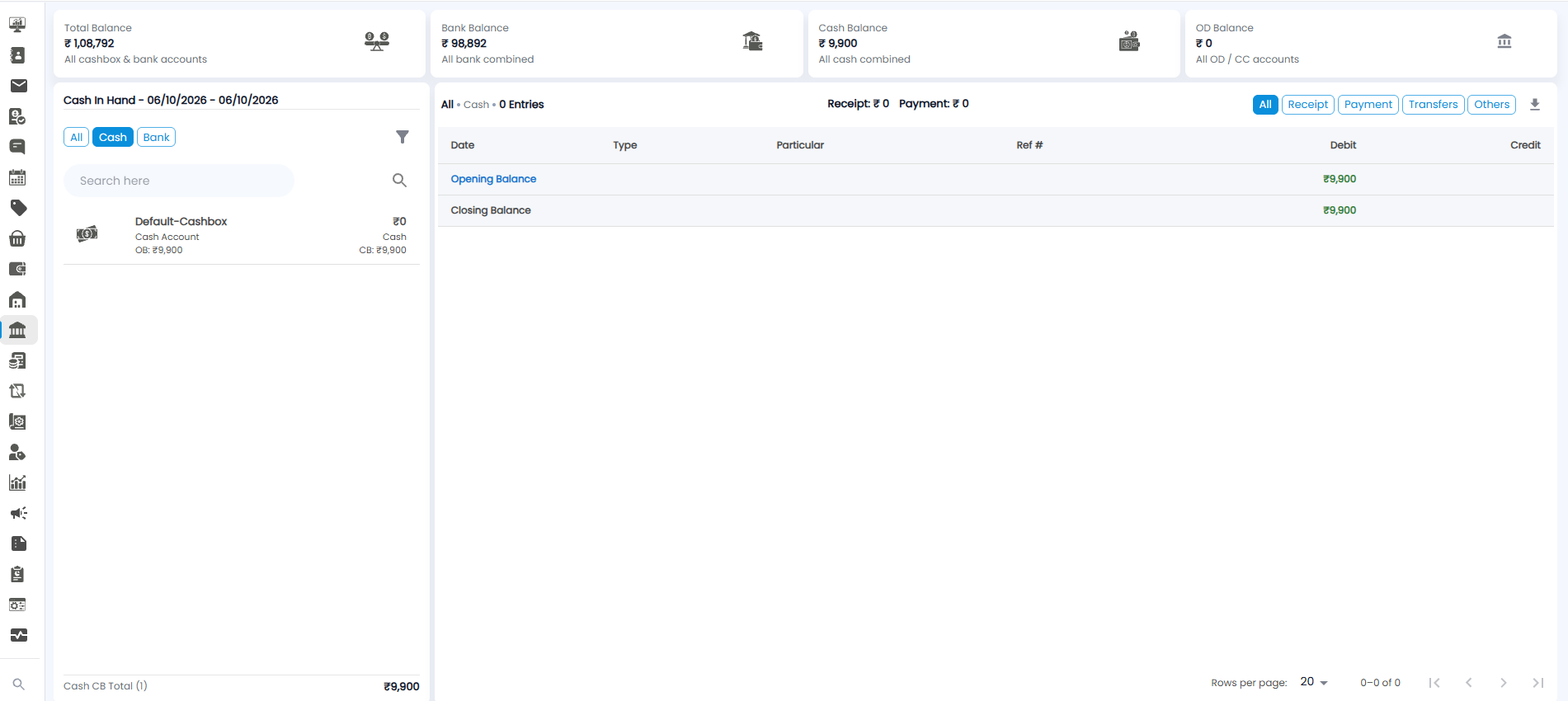 Cash In Hand page on Cash, showing only the Default-Cashbox account and its opening and closing balance