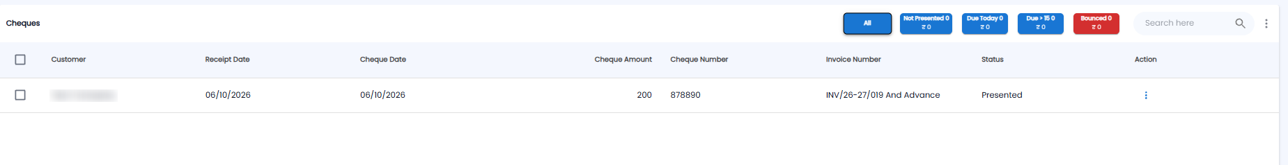 Cheques list with All, Not Presented, Due Today, Due over 15, and Bounced buttons, and a cheque with customer, dates, amount, number, invoice, and status
