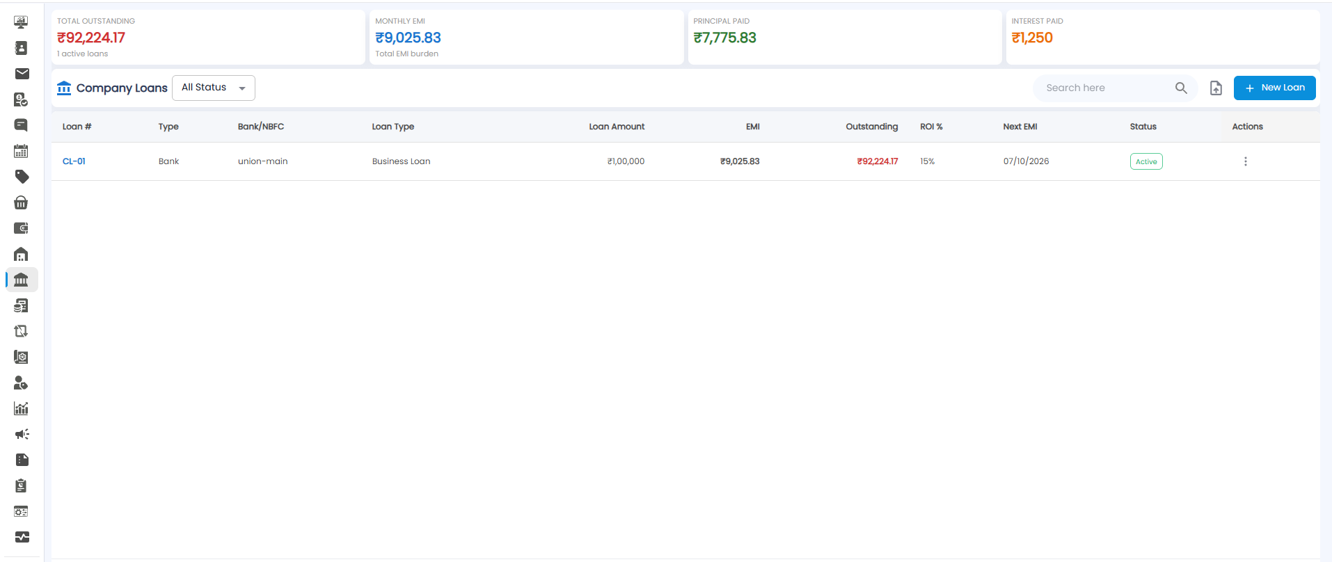 Company Loans page with total outstanding, monthly EMI, principal paid, and interest paid tiles, and a list of loans