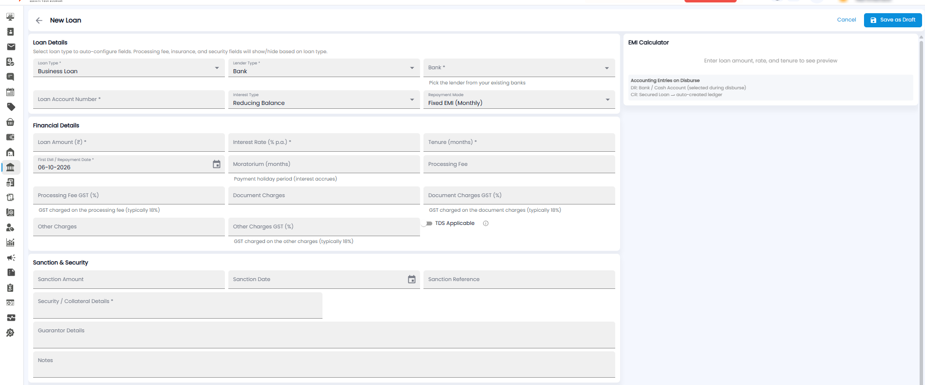 New Loan form with loan details, financial details, sanction and security, and an EMI calculator