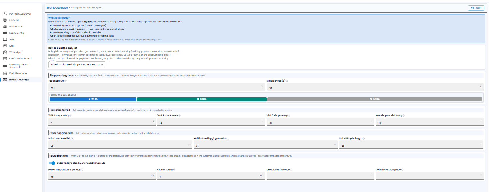 Beat and Coverage settings with list style, shop priority groups, visit frequency, flagging rules, and route planning