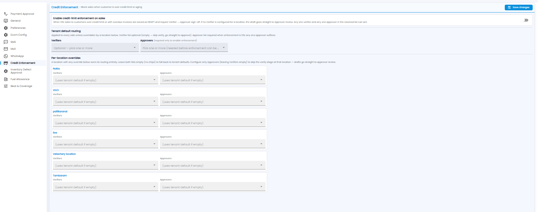 Credit Enforcement settings with the enable switch, tenant default verifiers and approvers, and per-location overrides