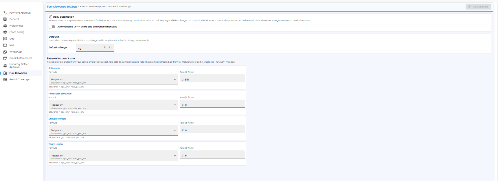 Fuel Allowance Settings with daily automation, default mileage, and the formula and rate for each role