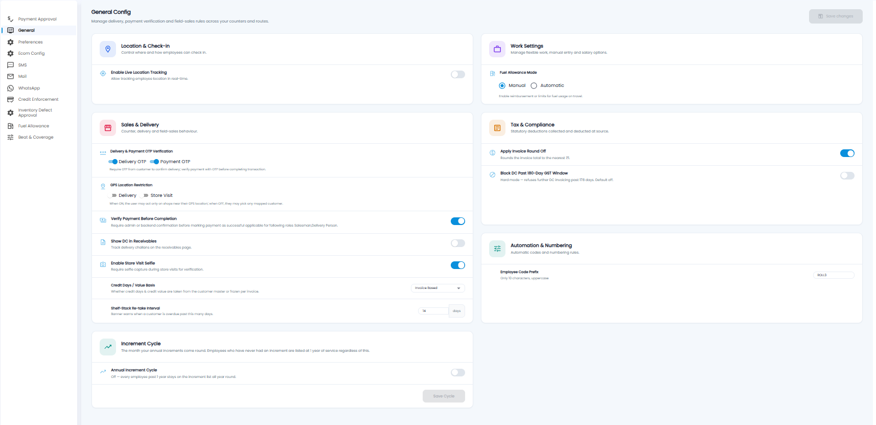 General Config with Location and Check-in, Work Settings, Sales and Delivery, Tax and Compliance, Automation and Numbering, and Increment Cycle cards