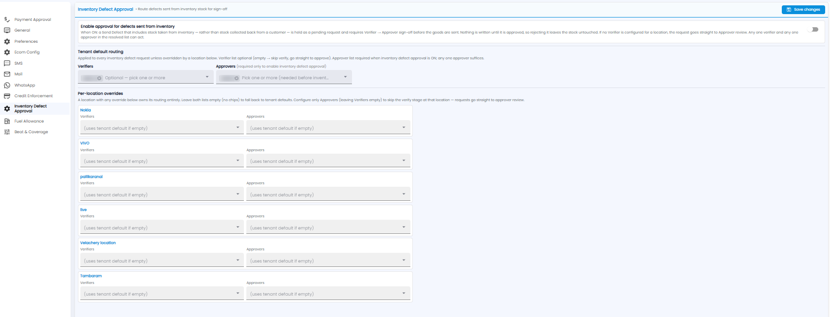 Inventory Defect Approval settings with the enable switch, tenant default verifiers and approvers, and per-location overrides