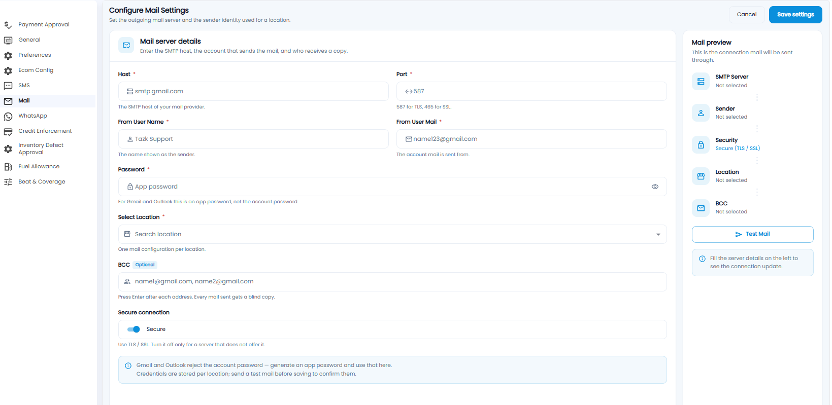 Configure Mail Settings with host, port, sender name and mail, password, location, BCC, secure connection, a mail preview, and Test Mail