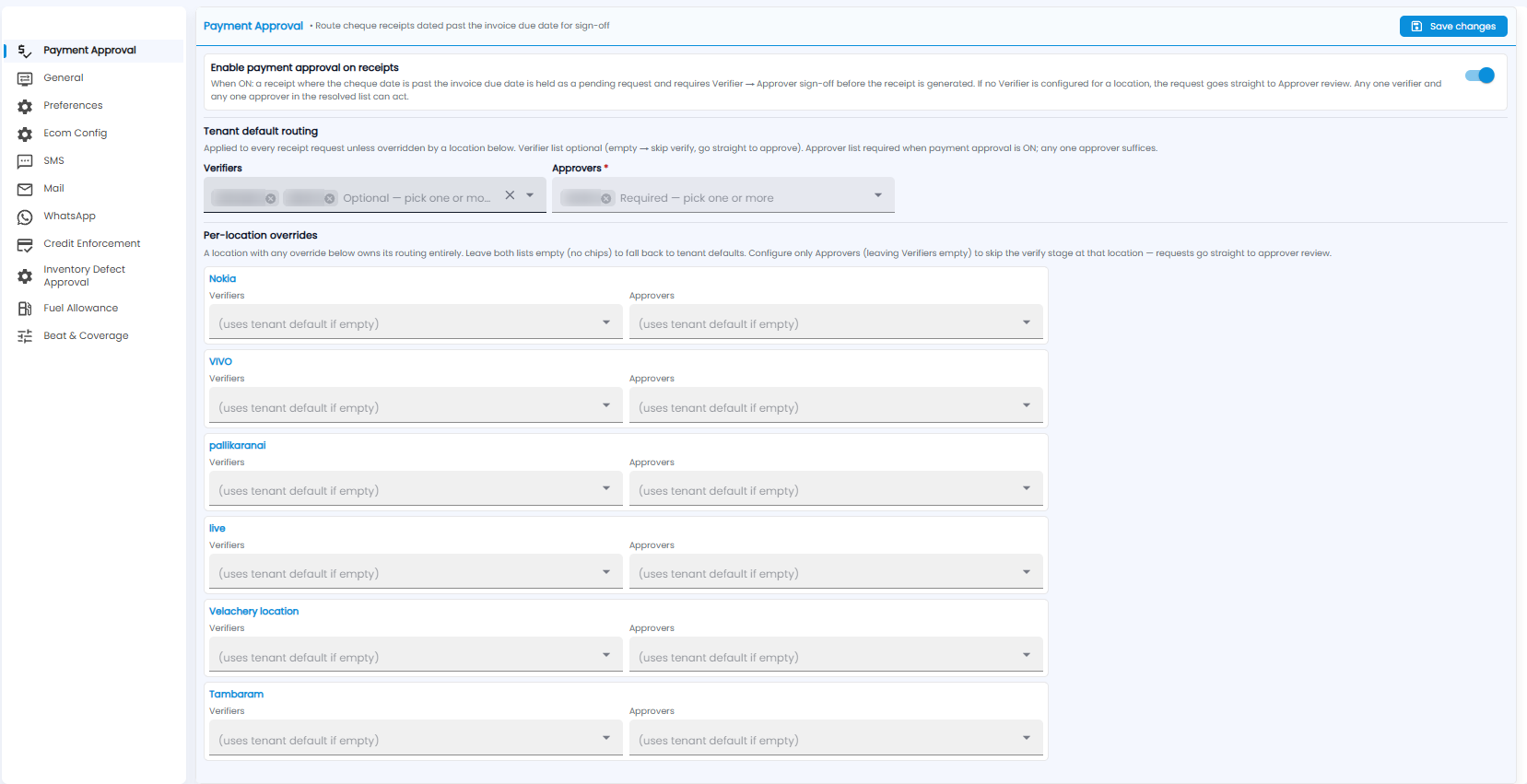 Payment Approval settings with the enable switch, tenant default verifiers and approvers, and per-location overrides