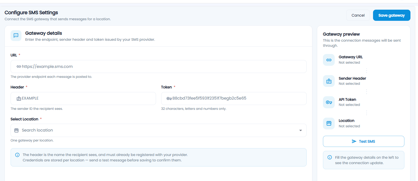 Configure SMS Settings with URL, header, token, and location, a gateway preview, and Test SMS