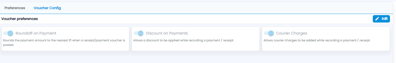 Voucher preferences with Roundoff on Payment, Discount on Payments, and Courier Charges switches