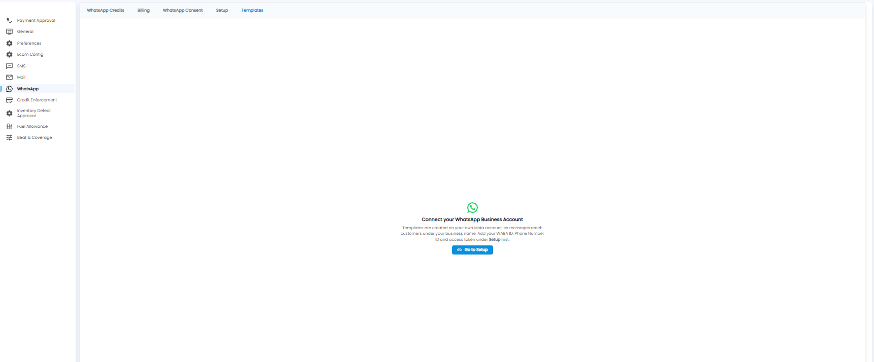 Templates tab asking you to connect your WhatsApp Business Account first, with a Go to Setup button