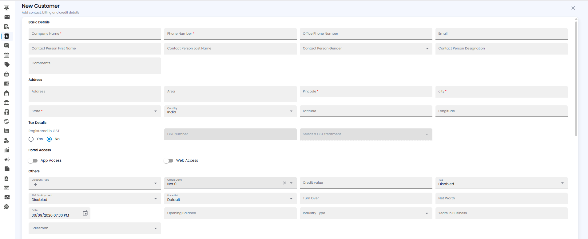 New Customer form showing Basic Details, Address, Tax Details, Portal Access, and Others sections