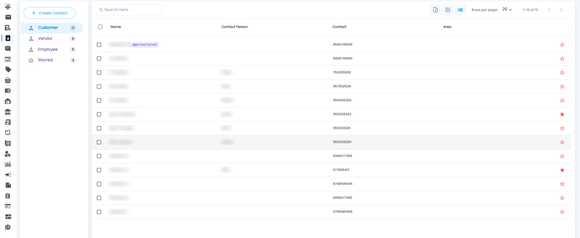 Contacts page on the Customer tab, showing the customer list with Name, Contact Person, Contact, and Area columns
