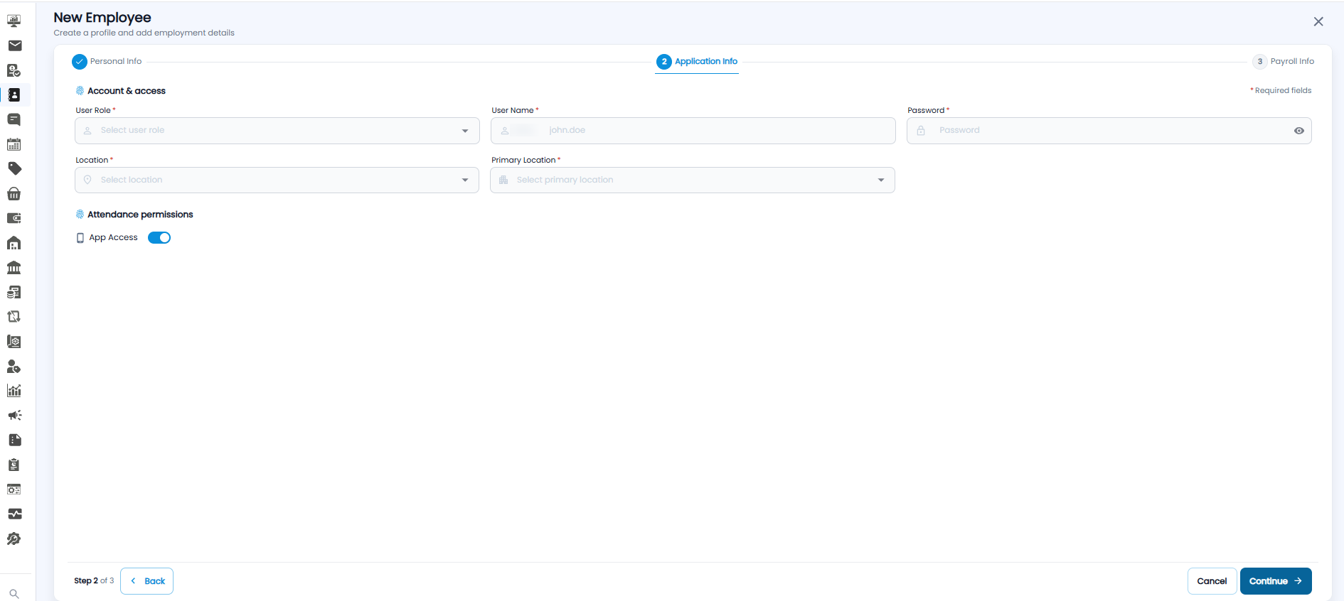 New Employee form, step 2 Application Info, with Account & access fields and the App Access toggle